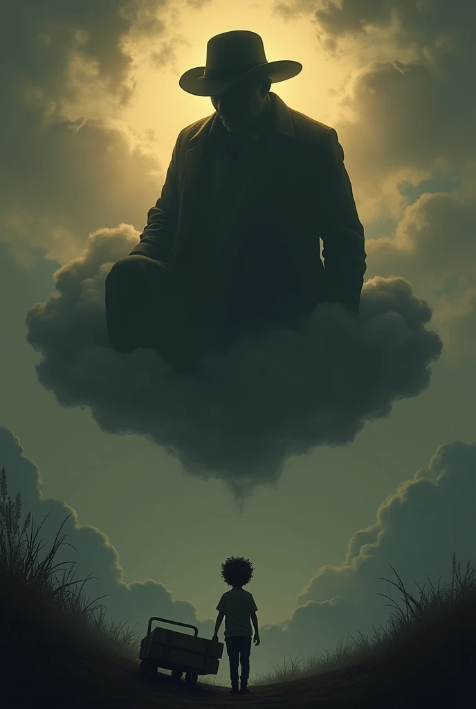 silhouette, 70 year old dad with cattleman hat, on a cloud in the sky, looking down at his son, curly hair, with a wooden cart in hand, boy watching his dad, Surreal dark fantasy