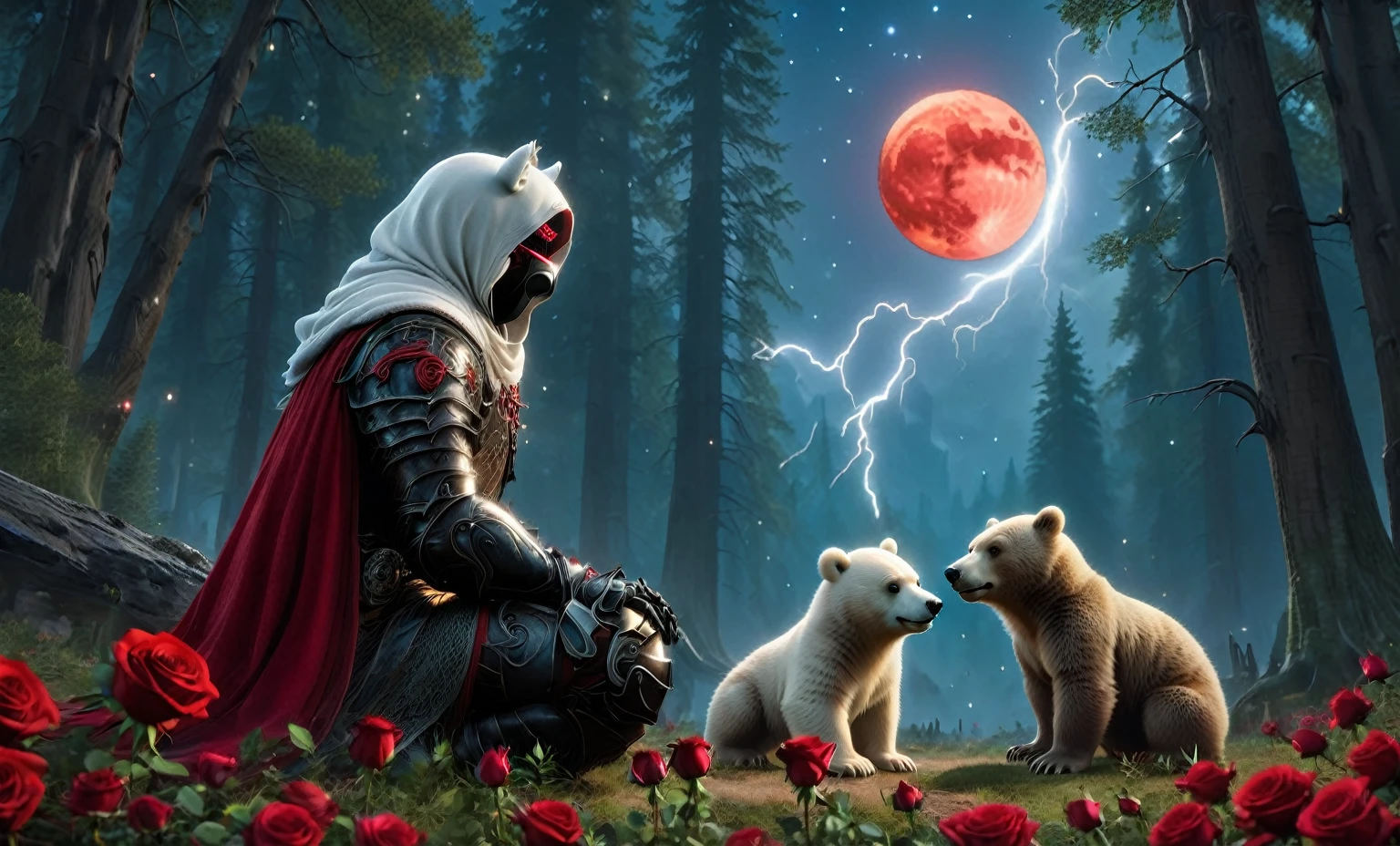 Male knight with a white hood with polar bear ears and a sword behind his back sits cross-legged on the ground towards a baby polar bear and a baby brown bear in a forest while the moon shines, many Roses cover the ground and lightning falls from the sky. The baby polar bear plays with the baby brown bear while the knight enjoys watching them. Only the man wears a red blindfold. In the background of the picture is the blood moon and a tree has fallen down in the path. The forest is full of trees with leaves. The armor of the man is black and red roses decorate it. The sky is full of stars. The knight is thoughtfully touching his face.