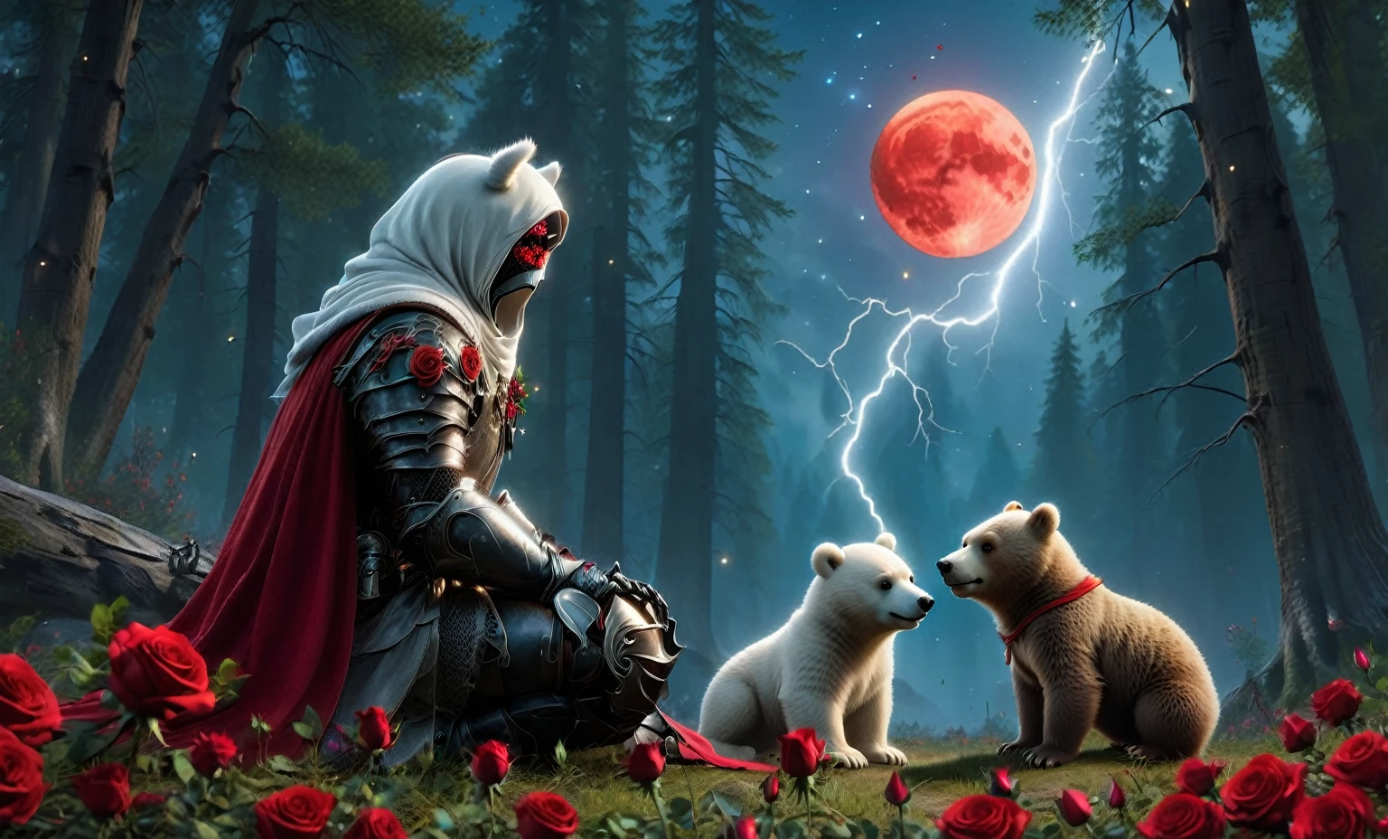 Male knight with a white hood with polar bear ears and a sword behind his back sits cross-legged on the ground towards a baby polar bear and a baby brown bear in a forest while the moon shines, many Roses cover the ground and lightning falls from the sky. The baby polar bear plays with the baby brown bear while the knight enjoys watching them. Only the man wears a red blindfold. In the background of the picture is the blood moon and a tree has fallen down in the path. The forest is full of trees with leaves. The armor of the man is black and red roses decorate it. The sky is full of stars. The knight is thoughtfully touching his face.
