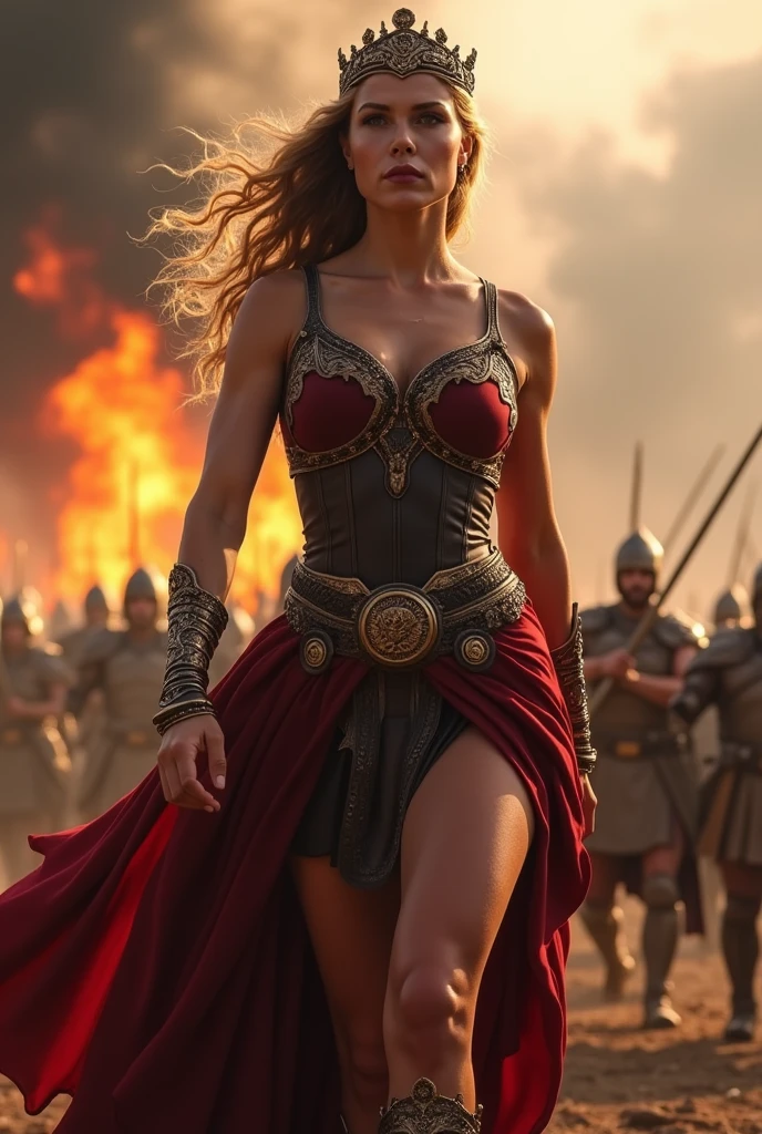 Illustrate Actress Scarlett Johansson as a Greek Goddess of War, in red and gold robes, short amazon skirt, gold bracelets, dark leather corpped, metal tiara, in a medieval war with fire. 8k realistic