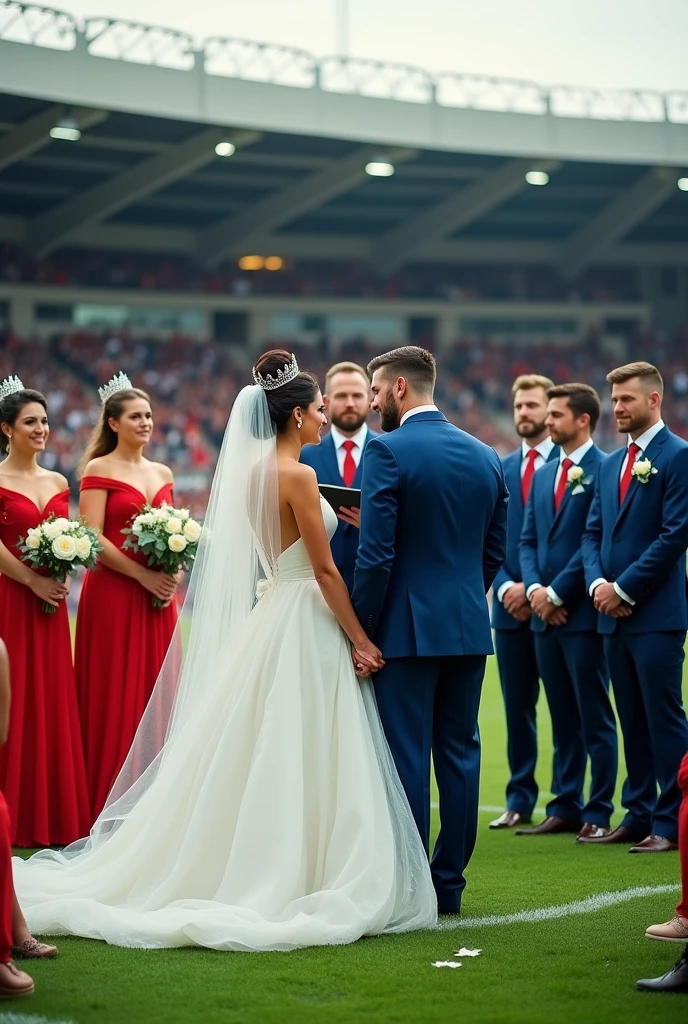 A couple at the altar at their wedding on a football field, the white bride with a flared princess dress, high bun with crown and veil and the dark-haired groom in a serenity blue suit, white shirt and shiny blue tie, groomsmen with bridesmaids sitting around in long red dresses and groomsmen in navy blue suits, white shirt and red tie, other guests sitting around