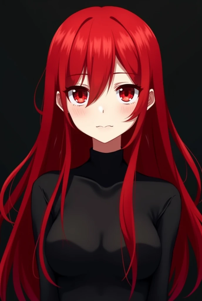Anime girl with red hair and eyes in black clothes 