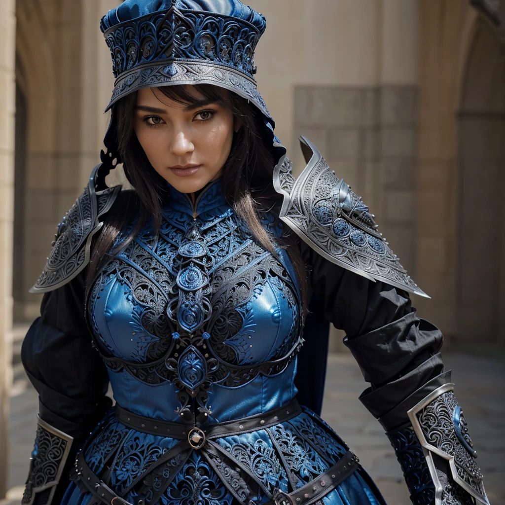 A close-up of a woman in a blue dress and a black hat, beautiful armor, Impressive armor, filigree armor, Intricate Renaissance armor, ornate armor, ornate armor, filigree armor ornamentada, outrageous fantasy armor, intricate ornate armor, ornate cosplay, Blue leather armor, detailed intricate ornate armor, Ornate Gothic Armor, Ornate armor, wearing ornate armor