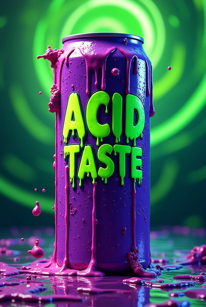 Psychedelic artwork dripping from a purple energy drink can that says Acid Taste, written in green with the background running with shades of green
