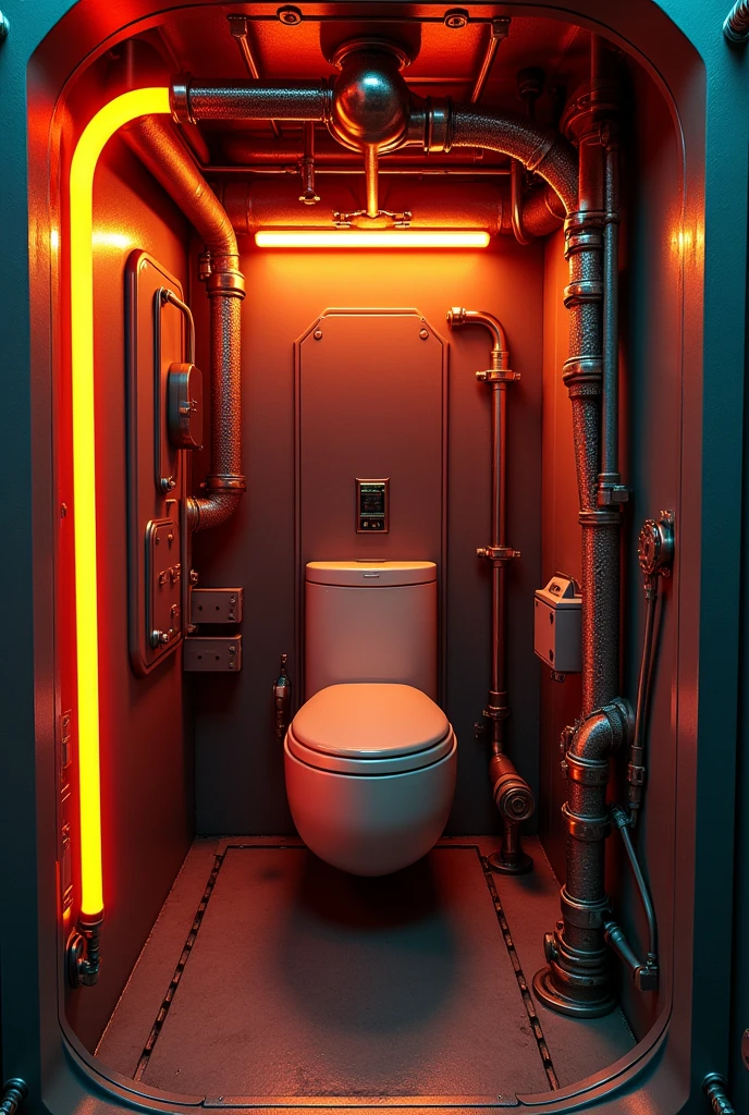 industrial futuristic bathroom neon lights, small room heavy duty room, futuristic, pipes, enclosed, orange neon lights, small bathtub,