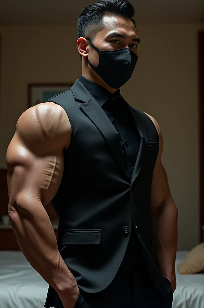 Man muscular , hand full veins , wearing black suit background bed , wearing face mask Malaysian appereaance 