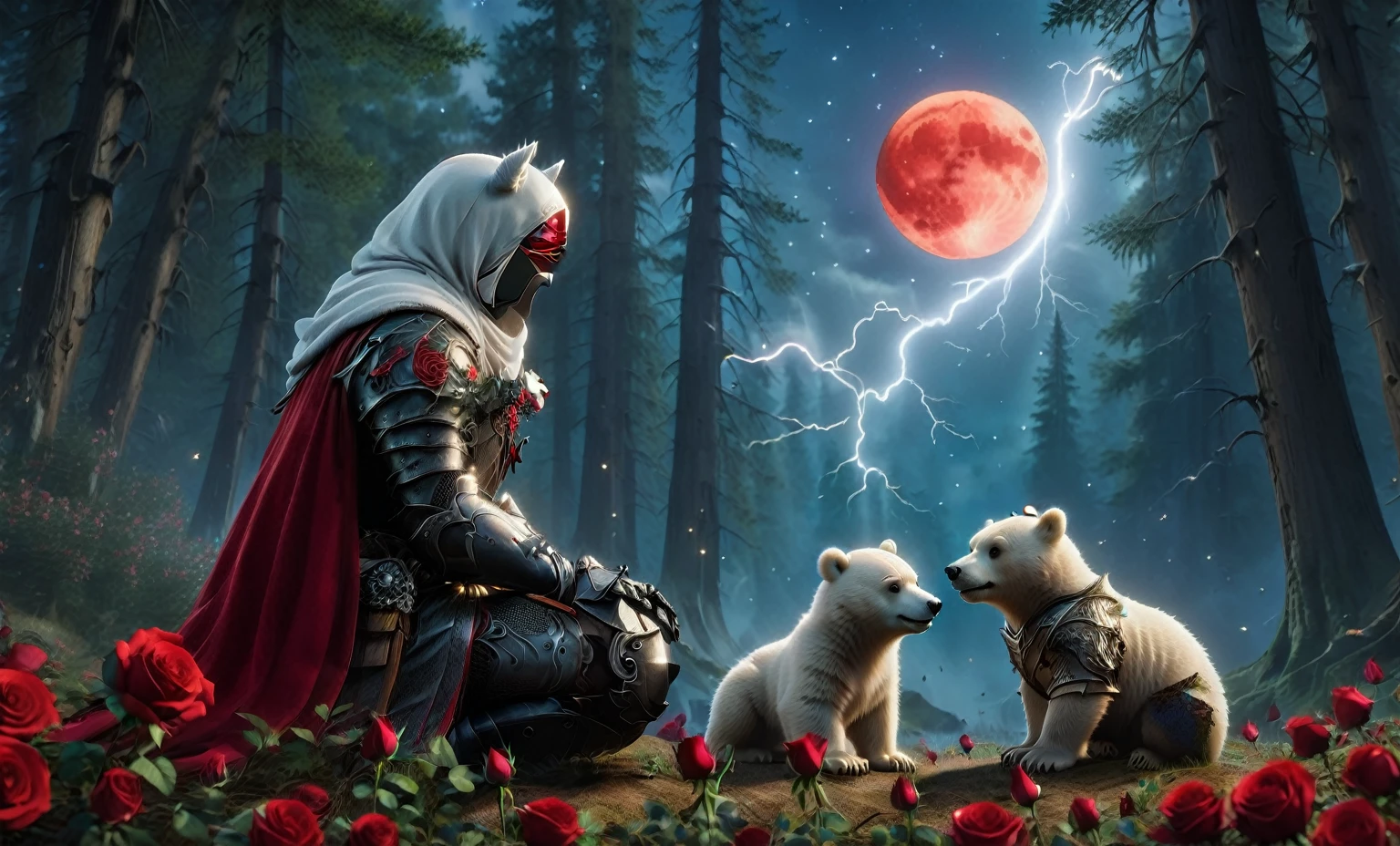 Male knight with a white hood with polar bear ears and a sword behind his back sits cross-legged on the ground towards a baby polar bear and a baby brown bear in a forest while the moon shines, many Roses cover the ground and lightning falls from the sky. The baby polar bear plays with the baby brown bear while the knight enjoys watching them. Only the man wears a red blindfold. In the background of the picture is the blood moon and a tree has fallen down in the path. The forest is full of trees with leaves. The armor of the man is black and red roses decorate it. The sky is full of stars. The knight is thoughtfully touching his face.