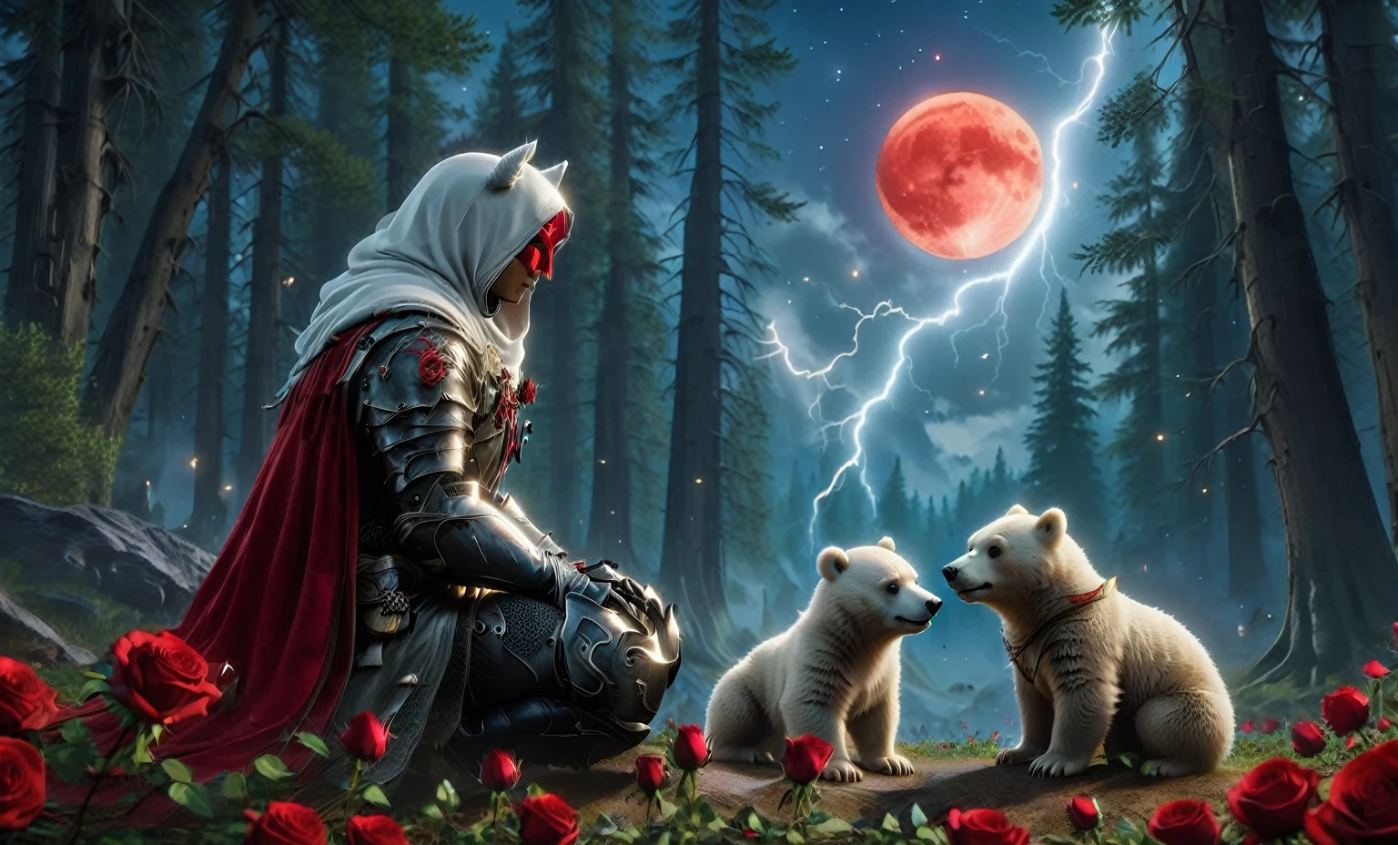 Male knight with a white hood with polar bear ears and a sword behind his back sits cross-legged on the ground towards a baby polar bear and a baby brown bear in a forest while the moon shines, many Roses cover the ground and lightning falls from the sky. The baby polar bear plays with the baby brown bear while the knight enjoys watching them. Only the man wears a red blindfold. In the background of the picture is the blood moon and a tree has fallen down in the path. The forest is full of trees with leaves. The armor of the man is black and red roses decorate it. The sky is full of stars. The knight is thoughtfully touching his face.