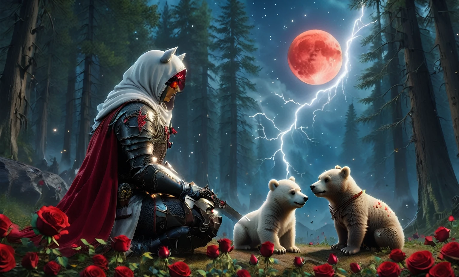 Male knight with a white hood with polar bear ears and a sword behind his back sits cross-legged on the ground towards a baby polar bear and a baby brown bear in a forest while the moon shines, many Roses cover the ground and lightning falls from the sky. The baby polar bear plays with the baby brown bear while the knight enjoys watching them. Only the man wears a red blindfold. In the background of the picture is the blood moon and a tree has fallen down in the path. The forest is full of trees with leaves. The armor of the man is black and red roses decorate it. The sky is full of stars. The knight is thoughtfully touching his face.