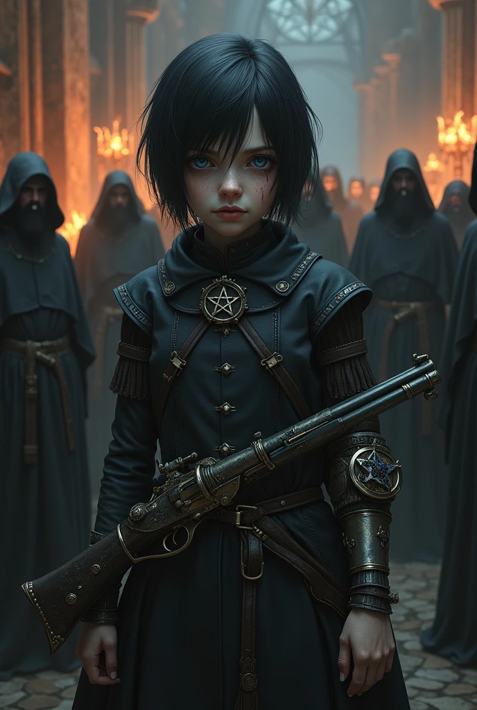 Pale girl with short black hair, from the realistic middle ages, blue eyes dark clothes with detailed steampunk prosthetic left arm, holding with the other arm a flintlock pistol with a pentagram, cut on the face, the night, with a religious group with fire behind, detaileds.
