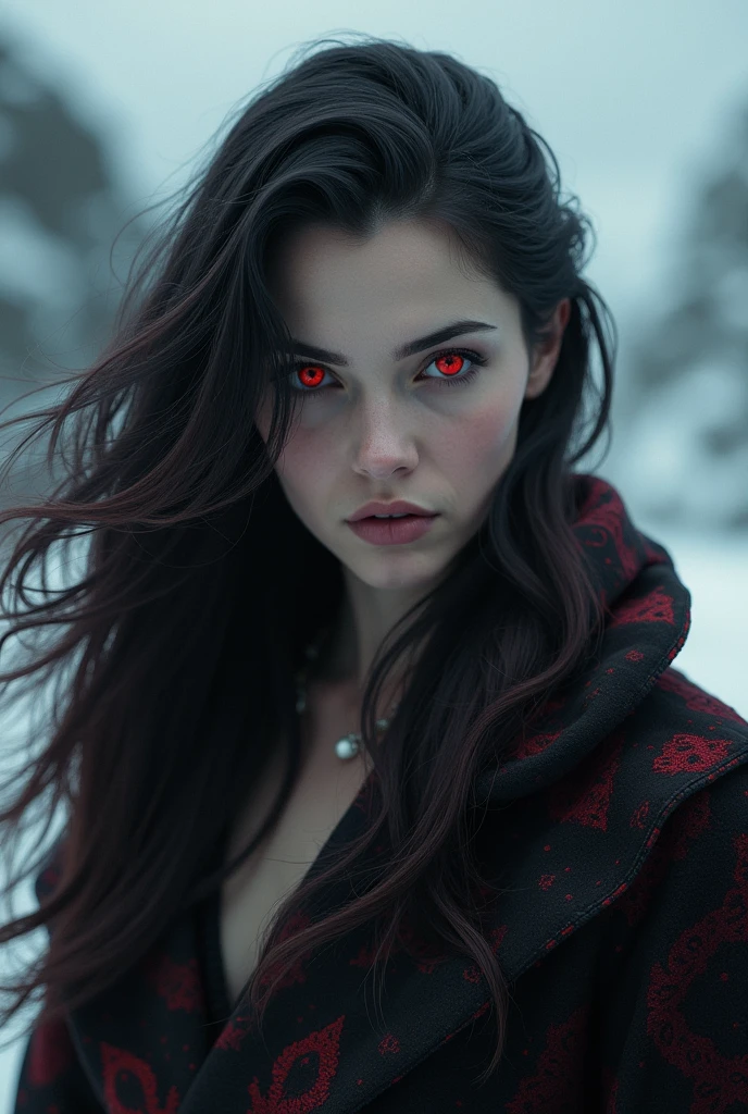  of Nordic origin with discreet features and a villainous style, with black and red hair and slightly reddish eyes
