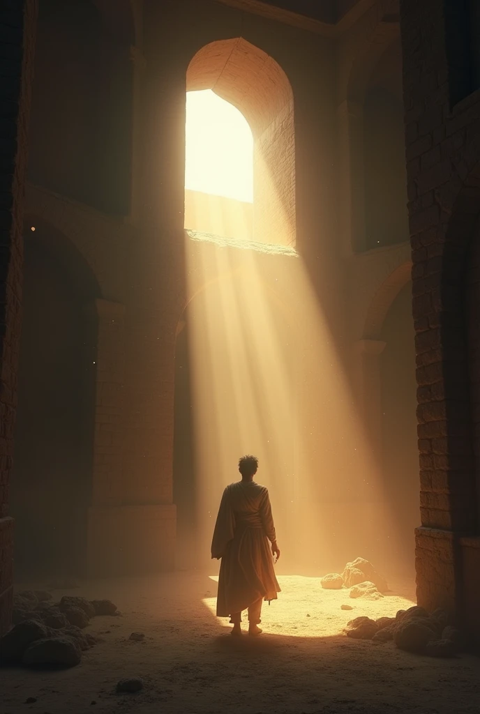 The fort's empty interior at dawn, with the first light of day creeping in. The space looks abandoned and desolate, with no sign of the young man. Dust particles float in the beam of sunlight."