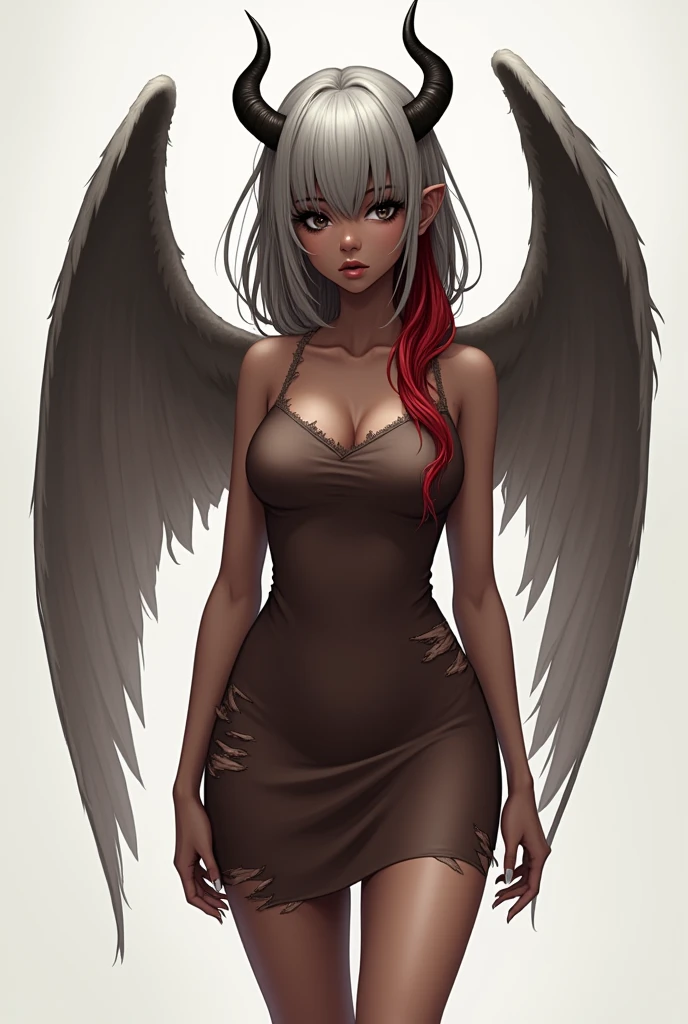 a tall girl, with human appearances of dark skin ,  deep black eyes, with a cute. body , dressed in a brown torn dress , short at the knees , that she is very beautiful, that she has wings similar to those of an angel, gray hair with a long, straight red lock, two small horns on her head. with slightly thick legs and nice hips, nice well-shaped breasts, prominent lips and very pretty eyes, a somewhat short face seen from the front 

