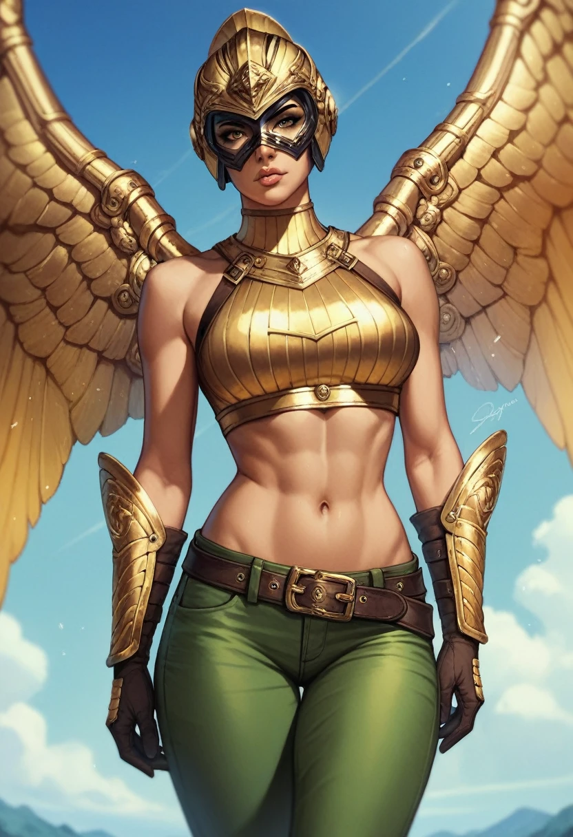 1 girl, latina, detail face, detailed eyes, detailed lips, yellow helmet, black hawk mask, gold metal wings, yellow costume, crop top, belt, green pants, armor boots, armor gloves,
