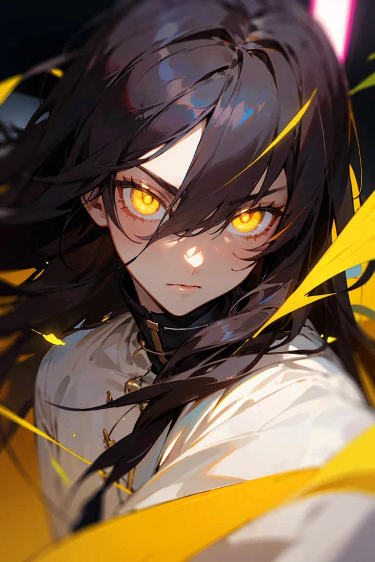 ((best quality)), ((masterpiece)), (detailed), male, long hair, dark hair, yellow eyes, neon eyes, glowing eyes