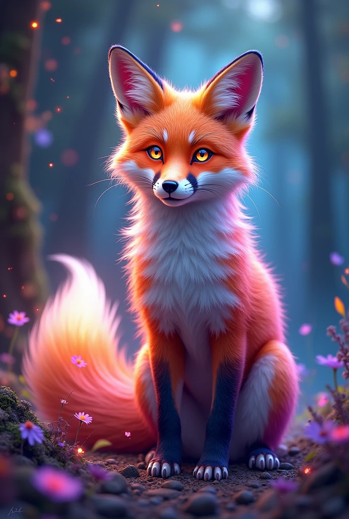 Brightly colored fox with bright eyes and shiny tail, ethereal fox, digital fox, colorful digital fantasy art, digital art animal photo, highly detailed digital art in 4k, 8k stunning artwork, beautiful art uhd 4k, 8k hd wallpaper digital art, detailed digital art in 4k, digital art 4k, beautiful digital art