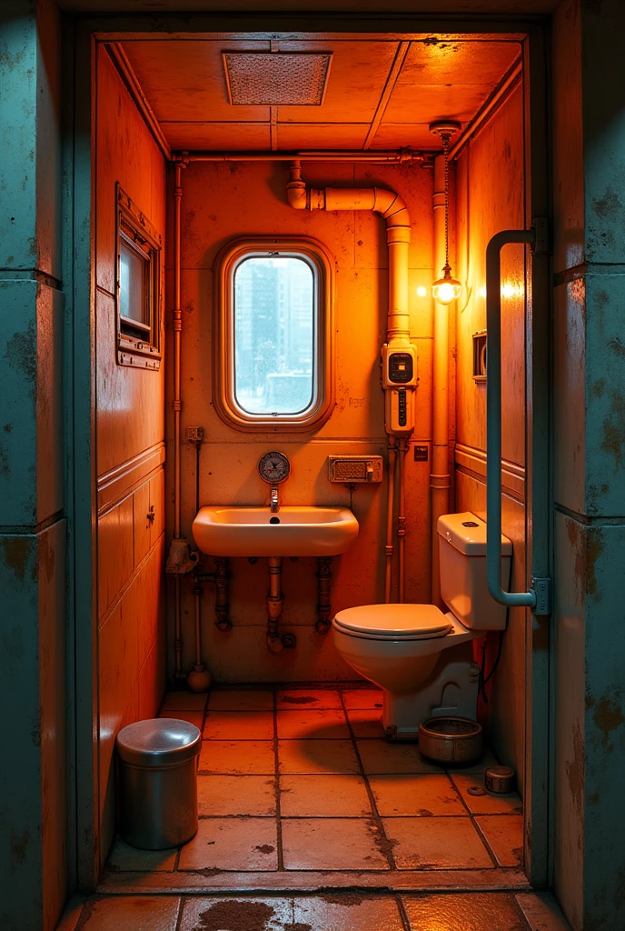 industrial futuristic bathroom, neon lights, small room, heavy duty room, futuristic, pipes, enclosed, orange neon lights, small bathtub, small window