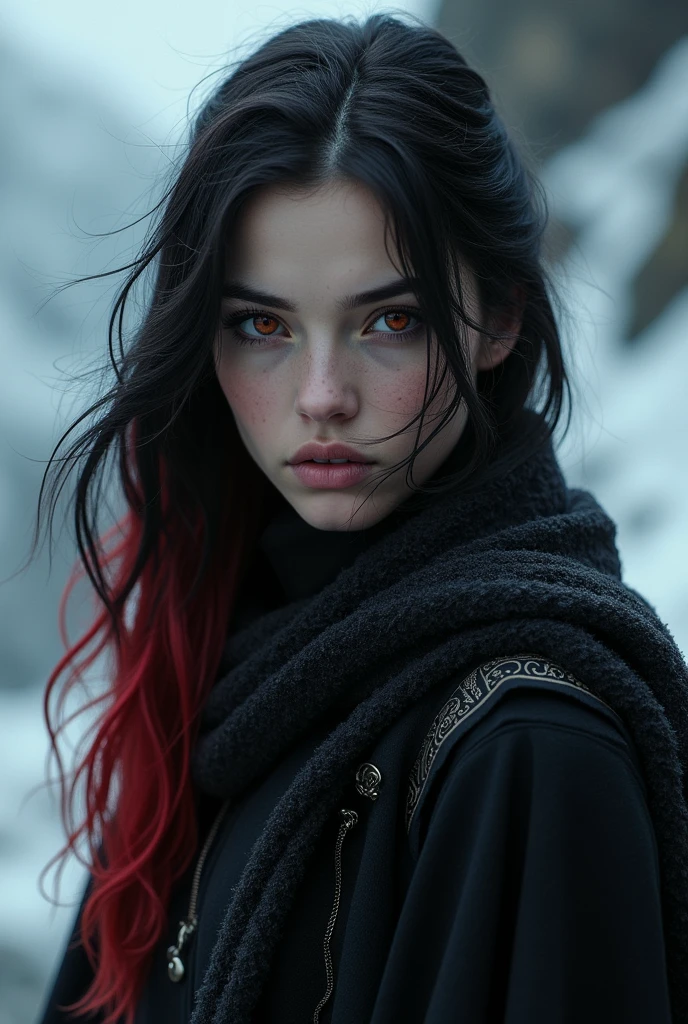of Nordic origin with discreet features and a villainous style, with black and red hair and slightly reddish eyes