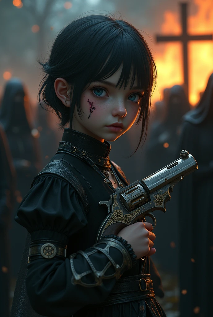 Pale girl with short black hair, from the realistic middle ages, blue eyes dark clothes with detailed steampunk prosthetic left arm, holding with the other arm a flintlock pistol with a pentagram, cut on the face, the night, with a religious group with fire behind, detaileds.