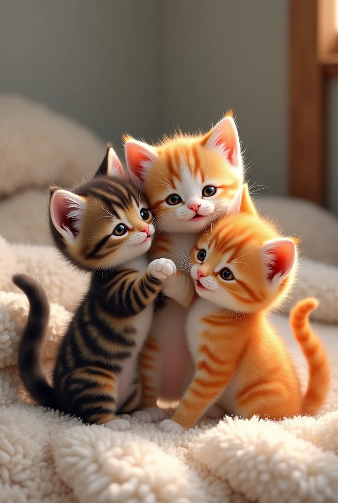 Picture with 3 kittens A brown one with orange and black, one grey with beige and white and another orange
