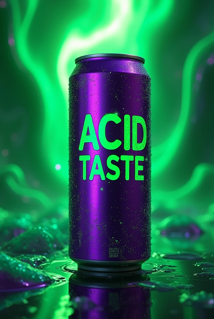 Green psychedelic art of a purple energy drink can with Acid Taste written on it, written in green with the background running with shades of green