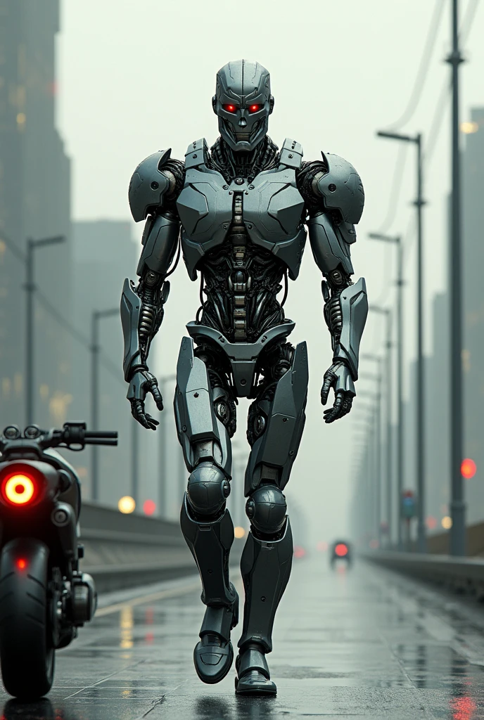 Terminator Schweitzneger walks with a determined gait along the wide avenue,he has clothes made of steel, Jacket, trousers, on the head is a steel helmet,gloves, his super-motorcycle stands to the side,fantasy, 3D