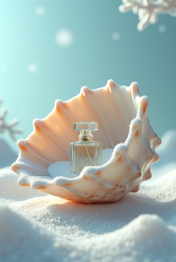 A picture of a beach, sand and snow, and a seashell with a perfume bottle in its heart.
