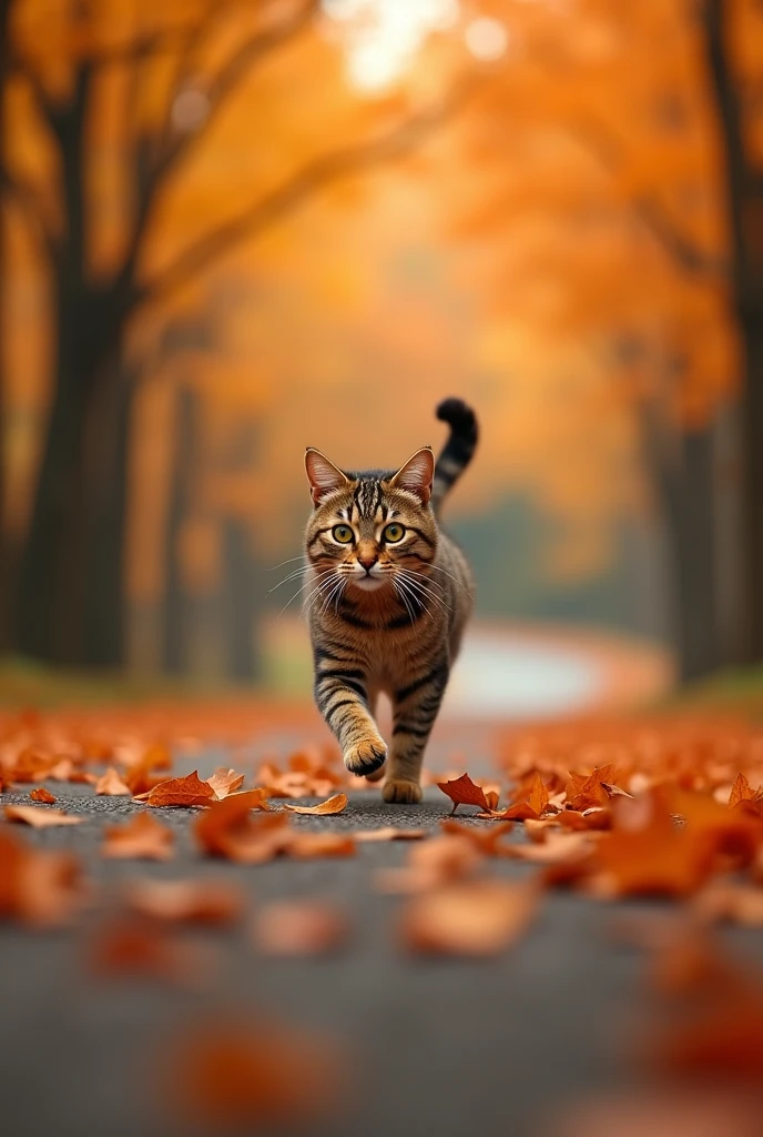 8(Photorealism:1.2), Photo of a classy cat running along a road of orange autumn leaves, Photographed with Canon EOS R5、Depth of written boundary f2.8, 85mm lens, 32K resolution, Natural light, And realistic details --v 5 --q 3 --upright