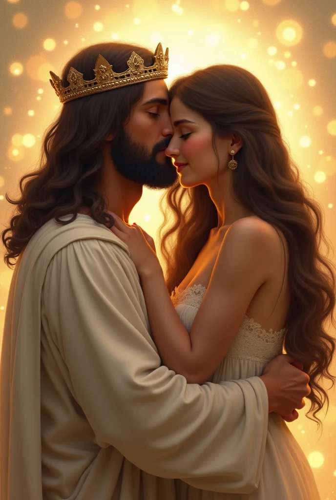 Create an image, Embraced by Jesus, I'm brunette, I have light brown eyes, fine nose, long dark brown hair, my clothing is a beautiful dress and may Jesus be with his crown, a background with radiant light