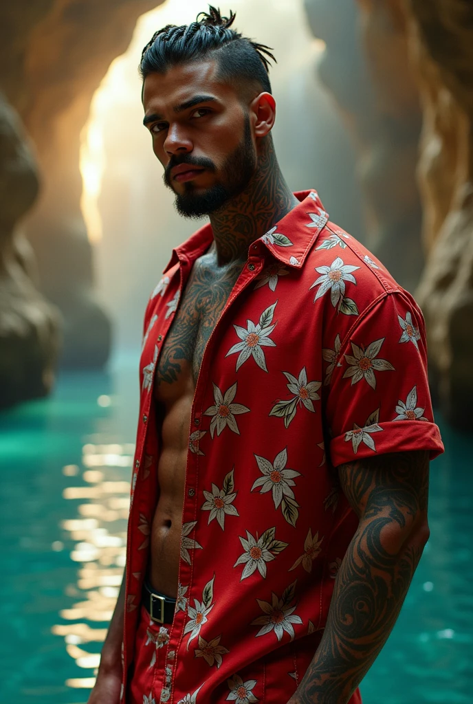 sitting profile Handsome white Muslim gangster man with white skin thick lips athletic body masculine energy and sexy defined chin trimmed faded beard short hair shaved on the sides with fade and braids on the sides colorful tattoo, She wears a red outfit with a white flower print, open button-down shirt and shorts. In the background, hundreds of cave-like cenotes with yellow lighting and crystal-clear water, poor light