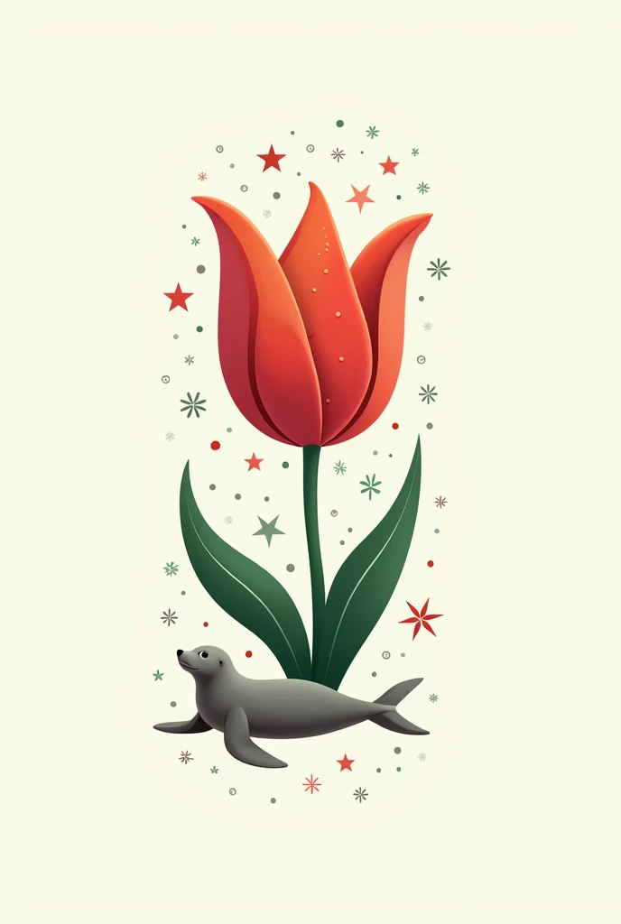 Use the shape of a stylized tulip as the base of the logo. Instead of leaves, place a small silhouette of a seal at the bottom, lying down. The tulip should have subtle decorations that evoke Christmas, such as small stars or snowflakes on its petals, and the traditional Christmas colors of red, green and white. To integrate the cell phone, place an antenna on the seal's head.