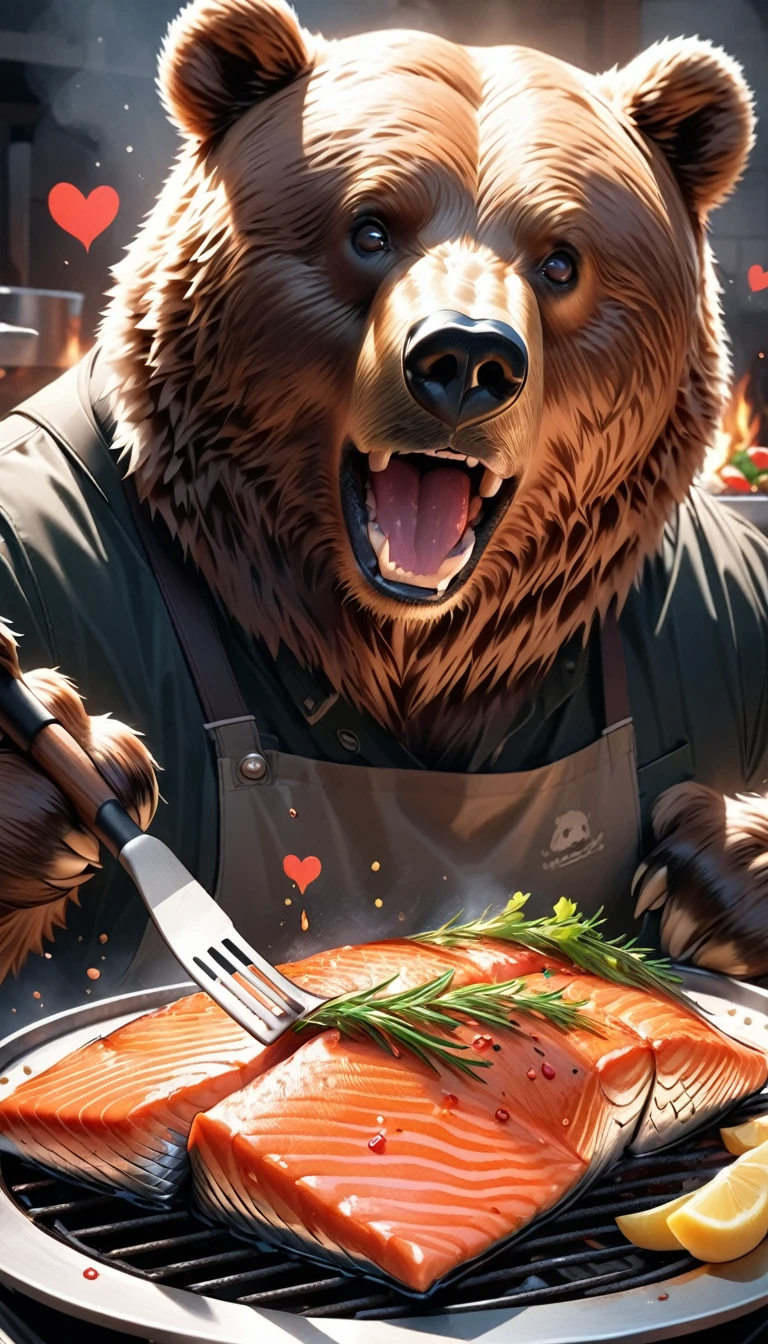 Ultra-Realistic, Brown Bear, Brown bear grilling salmon, Holding a spatula in its front paws, It looks very delicious cooked., (Heart Eyes:1.37,) Drooling, appetite, Hunger, patience,