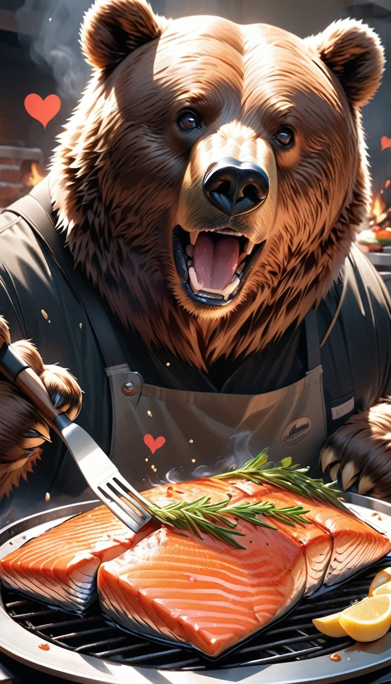 Ultra-Realistic, Brown Bear, Brown bear grilling salmon, Holding a spatula in its front paws, It looks very delicious cooked., (Heart Eyes:1.37,) Drooling, appetite, Hunger, patience,