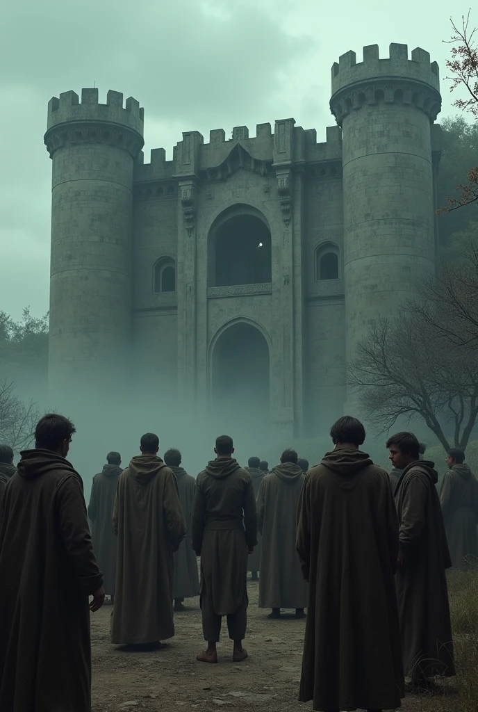 Villagers gathered around, talking in hushed tones. In the background, the old fort stands ominously, with an air of mystery surrounding it. The villagers' faces show a mix of fear and curiosity."