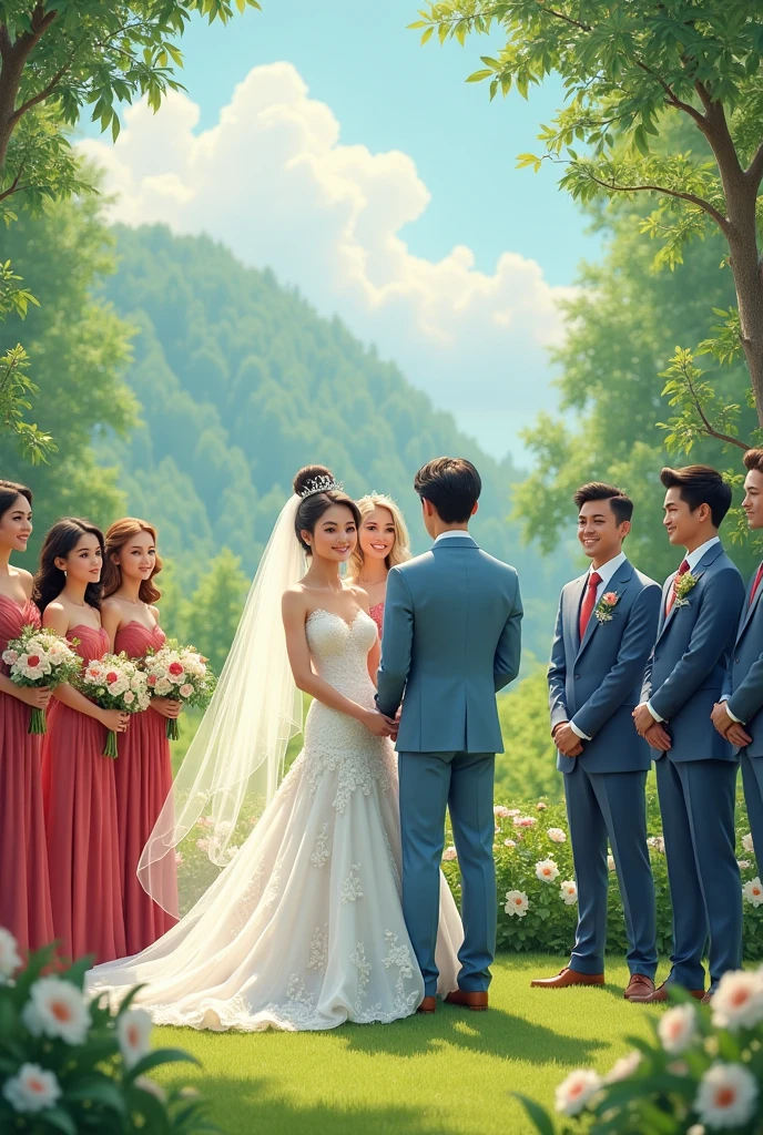 A couple at the altar at their wedding in a field, the white bride with a flared princess dress, high bun with crown and veil and the dark-haired groom in a light blue suit, white shirt and shiny blue tie, groomsmen with bridesmaids sitting around in long red dresses and groomsmen in navy blue suits, white shirt and red tie, other guests sitting around