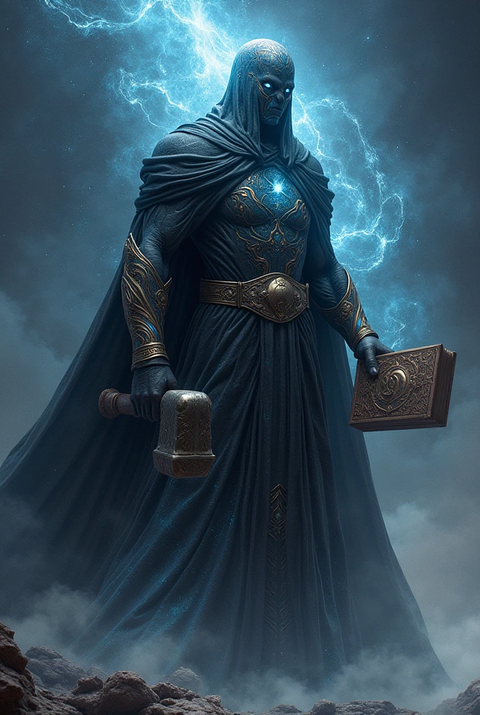 A Cosmic entity with its body covered in stars and space wearing a black robe and holding a hammer in one hand forging the universe and a book in the other