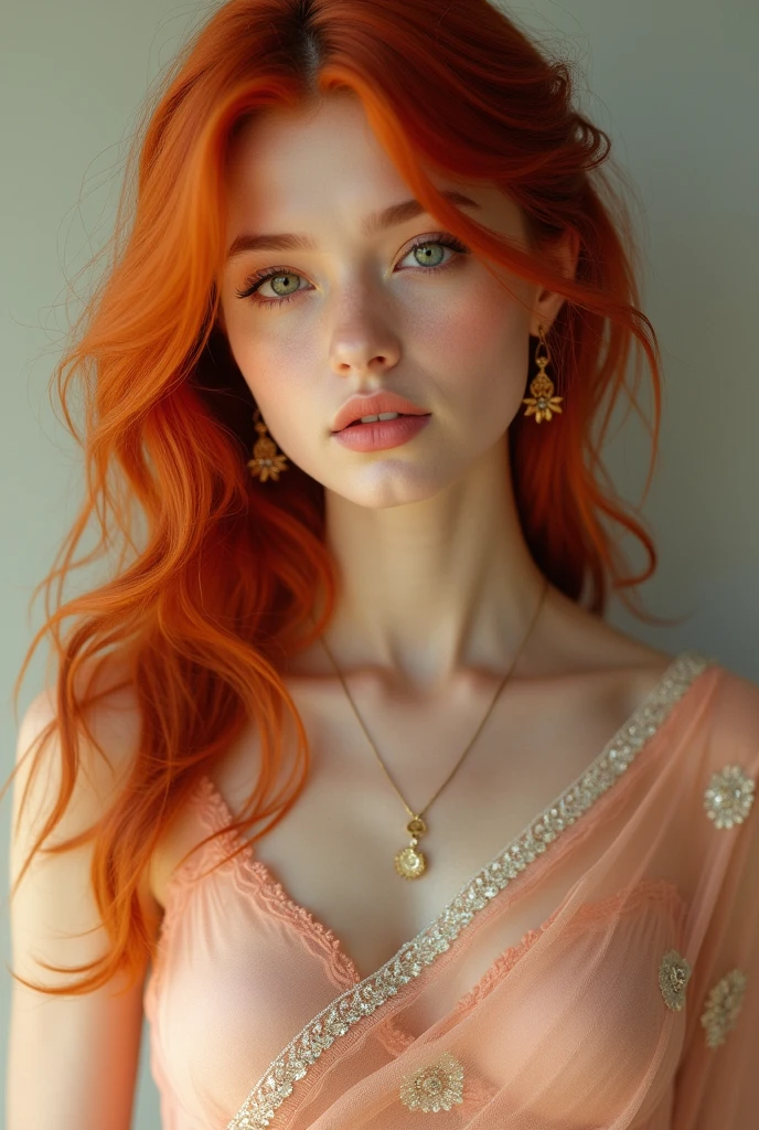 girl with red hair and thin saree from front side