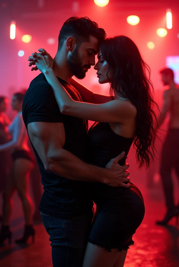 Homme bronzé aux cheveux brun foncé, yeux noirs, barbe bien taillée, nez droit. L’homme est ténébreux. Son physique est fort, Il doit être grand. Il a un pantalon noir et un t-shirt qui le moule. Dans le scénario, il est en train de danser avec une femme plus petite que lui, brune. Elle a une robe en noir en satin avec des talons aiguilles. L’environnement est une boîte de nuit avec des néons rouges.