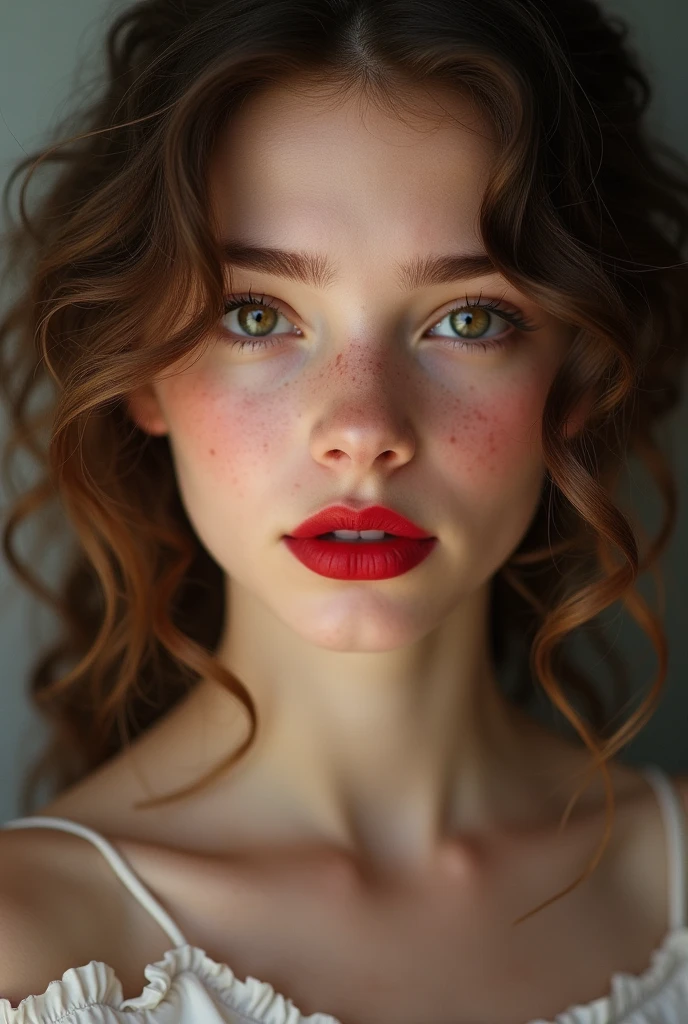 russian teen big lios red lipstick super cute 14 yr old beautiful hazel eyes that look deep into your soul. Her curly brown hair frames her face perfectly. Light freckles dot her cheeks, making her look even more adorable when she blushes. none bikini