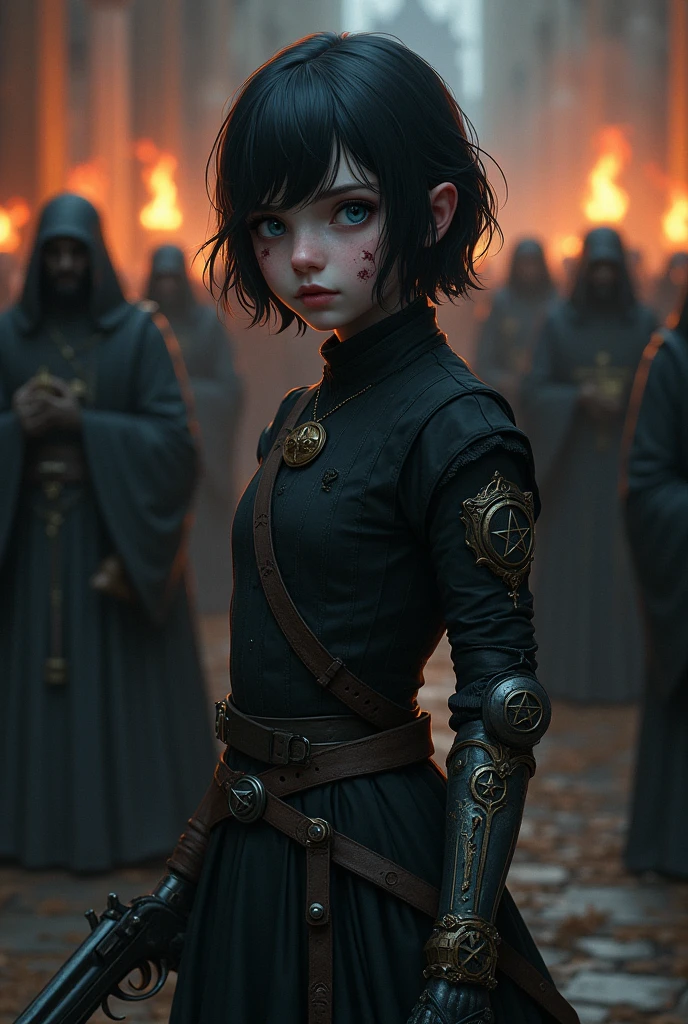 Pale girl with short black hair, from the realistic middle ages, blue eyes dark clothes with prosthetic arm steampunk detailed pentagram, cut on the face, the night, with a religious group with fire behind, detaileds.