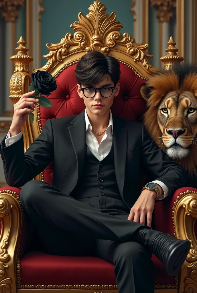 A cute boy wearing gangster style dress and Glass holding Black Rose in left hand in right hand holding gun sit on king chair ina a castle
And a loin sit on side