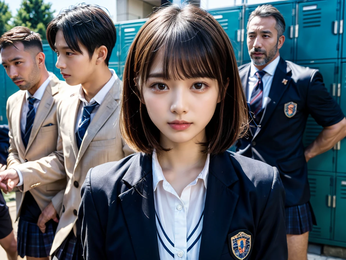 masterpiece, Highest quality, shape, Very detailed, Finer details, High resolution, 8k,wallpaper, Perfect dynamic composition,(High quality with attention to detail, Realistic depiction of eyes:1.3), Upper Body, 正面shape, locker room、Schoolgirl uniform、blazer 、Huge 、Disheveled uniform, Short Bob Hair, Black hair color, Hugeな胸, Big Natural Color Lip, Crying a little、Harajuku Style、20-year-old girl, (Sexual intercourse with multiple men:1.5), (Gang Rape:1.7), vagina, ペニスがvagina内に,