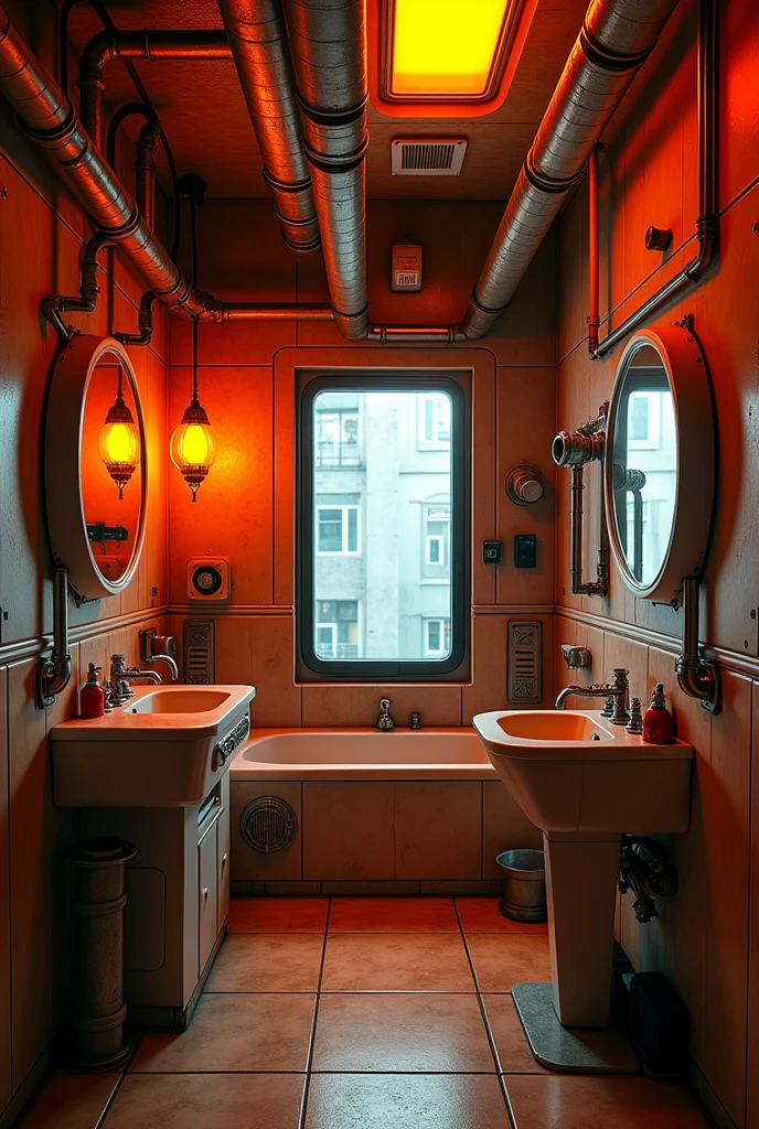 industrial futuristic bathroom, neon lights, small room, heavy duty room, futuristic, pipes, enclosed, orange neon lights, small bathtub, small window