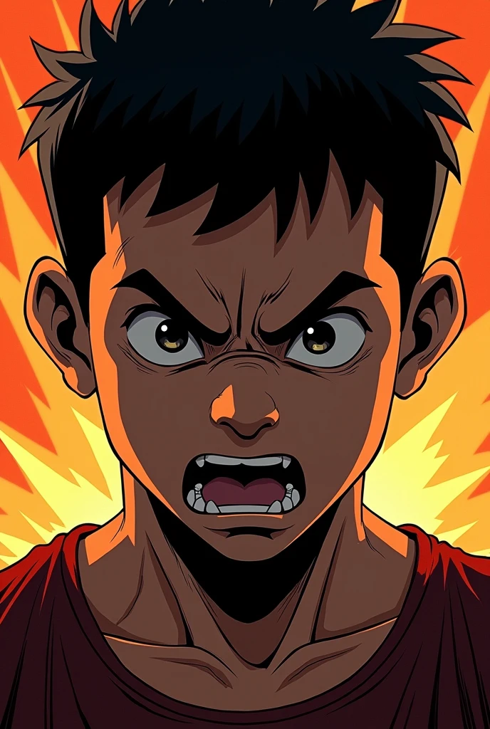 A anger face of boy with close up shot to his eye he is going to fight intense! Background with comic style with orange colour!! Face with black colour we can’t see him but anger we can see
