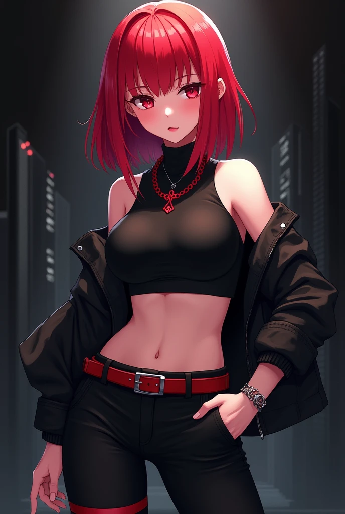(Masterpiece:1.2), best quality, (illustration:1.2), enticing,(Masterfully crafted Glow, lens flare), (ultra-detailed), hyper details, (delicate detailed), (intricate details), (cinematic light, best quality Backlights), clear line, solo female, solo female, perfect body, (1girl), bioluminescent hair, glowing eyes, slightly close eyes, Red Light District Amsterdam, (Dynamic:1.2), ((makeup)), high contrast, (best illumination, an extremely delicate and beautiful), ((cinematic light)), colourful, powerful, (Cinematic masterpiece), photoshoot, cyberpunk 2077, graffiti, splashes of colour, absolutely eye-catching, ((colourful paint splashes on background, dulux,)), ((caustic)), dynamic angle, beautiful detailed neon lights, (Captivating),(Intricately Detailed Cinematic redlight district:1.2), short shorts, shorts, open jacket, belt, cropped hoodie , ambient occlusion, ambient light, ray-traced reflections, intricately detailed pleasure district, subsurface scattering, red neon street signs, (asymmetric haircut), short hair, (night-time), red digital billboards, seductive, film grain, visible androids for sale, red hair, red eyes, red leather sport bra, big breasts, thick thighs