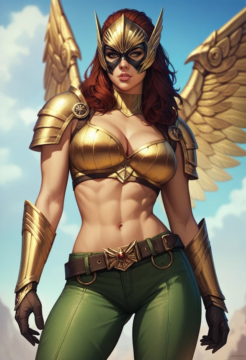 1girl, fitness body, detailed face, detail eyes, detailed lips, orange hair, golden framing headpiece, winged tiara, golden bikini armor, golden shoulder armors, golden bracers, big brown belt, black panties, golden boots, thigh-high boots, golden kingdom