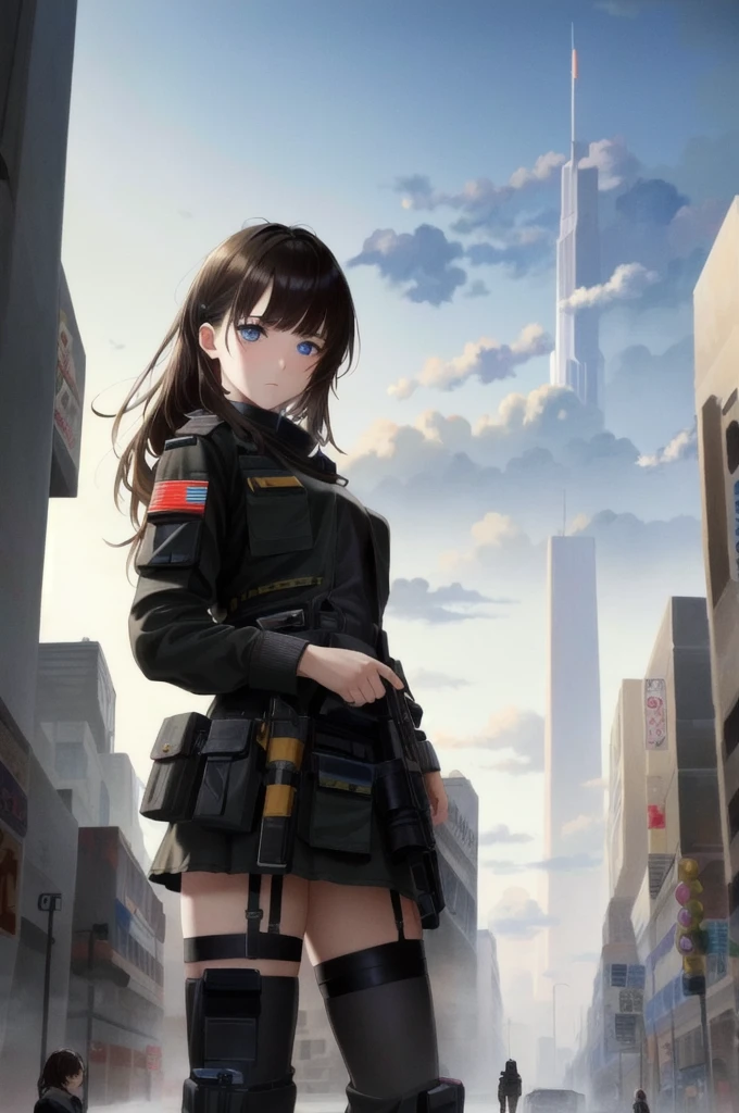 hyper realistic, masterpiece, very detailed, sci-fi, dystopian, (beautiful eyes ), (bangs), brunette, Woman, detailed face, detailed skin, baggy clothes, thigh high socks, skirt, cyberpunk, soft light, subsurface scattering,((skyline)), cumulonimbus clouds, busy street, polluted, dust,