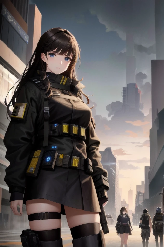 hyper realistic, masterpiece, very detailed, sci-fi, dystopian, (beautiful eyes ), (bangs), brunette, Woman,  detailed face, detailed skin, baggy clothes, thigh high socks, skirt,  cyberpunk, soft light, subsurface scattering,((skyline)), cumulonimbus clouds, busy street, polluted, dust,