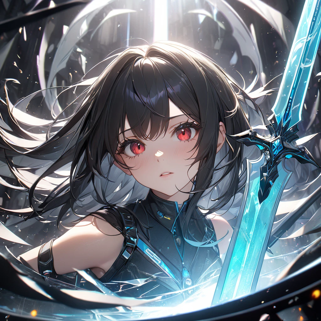 最high quality, wonderful_delicate, wonderful delicate eyes, Super detailed, beautiful, 8k , One girl, Red eyes, evil, Facial Contour,(Absurd, High resolution, Super detailed), masterpiece, The perfect solution, wonderfulディテール, Super Detailed, Cinema Lighting, Ray Tracing, Depth of written boundary, Cinema Lighting, Ray Tracing, 超High resolution, Attention to detail, 最high quality, High resolution, high quality, Awards, Super Detail, masterpiece, 8k, 超High resolution, Attention to detail, 最high quality, High resolution, high quality, Awards, Super Detail, masterpiece, 8k, Digital Art, Anime Coloring, 超High resolutionを作成, 白をテーマにしたmasterpiece品質の画像, Featuring a cute anime girl with long black hair in a cool pose, Attack with a high-tech sword. In this scene、A number of holographic swords appear to be floating in a circle..。, Each one has countless intricate parts, Set in a predominantly white cyberpunk environment. The scene is enriched with holographic elements and light particles.., Emphasizing futuristic and fantastical aesthetics. The image is、Capturing the essence of purity and sophistication with the finest quality and beauty, An ultra-detailed display of a girl and her holographic sword, Super-resolution visuals that highlight the intricate details of a scene.