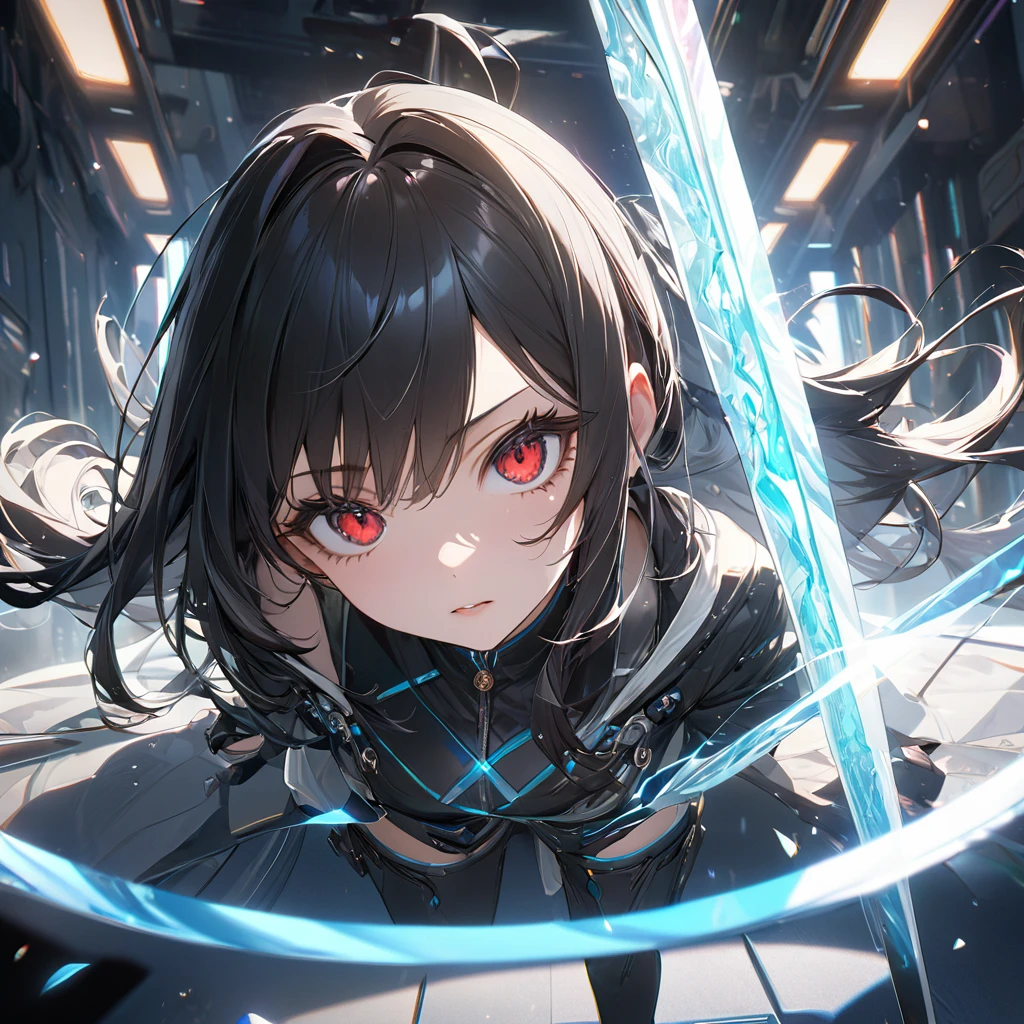 最high quality, wonderful_delicate, wonderful delicate eyes, Super detailed, beautiful, 8k , One girl, Red eyes, evil, Facial Contour,(Absurd, High resolution, Super detailed), masterpiece, The perfect solution, wonderfulディテール, Super Detailed, Cinema Lighting, Ray Tracing, Depth of written boundary, Cinema Lighting, Ray Tracing, 超High resolution, Attention to detail, 最high quality, High resolution, high quality, Awards, Super Detail, masterpiece, 8k, 超High resolution, Attention to detail, 最high quality, High resolution, high quality, Awards, Super Detail, masterpiece, 8k, Digital Art, Anime Coloring, 超High resolutionを作成, 白をテーマにしたmasterpiece品質の画像, Featuring a cute anime girl with long black hair in a cool pose, Attack with a high-tech sword. In this scene、A number of holographic swords appear to be floating in a circle..。, Each one has countless intricate parts, Set in a predominantly white cyberpunk environment. The scene is enriched with holographic elements and light particles.., Emphasizing futuristic and fantastical aesthetics. The image is、Capturing the essence of purity and sophistication with the finest quality and beauty, An ultra-detailed display of a girl and her holographic sword, Super-resolution visuals that highlight the intricate details of a scene.